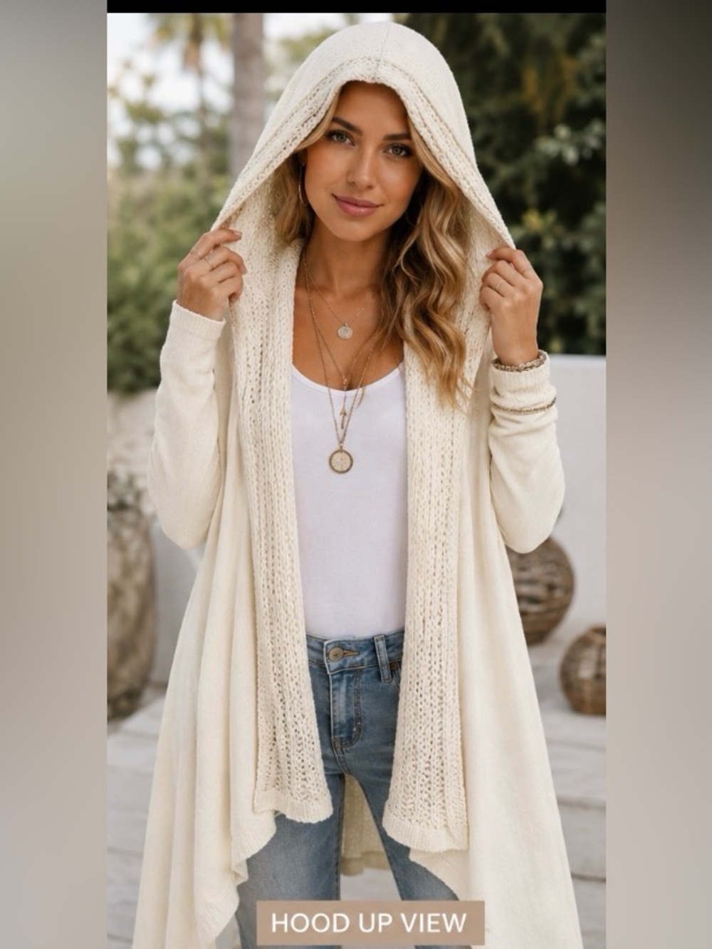 Amy’s Tree XS Ivory Hooded Cardigan Duster Boho Waterfall Open Knit Cotton